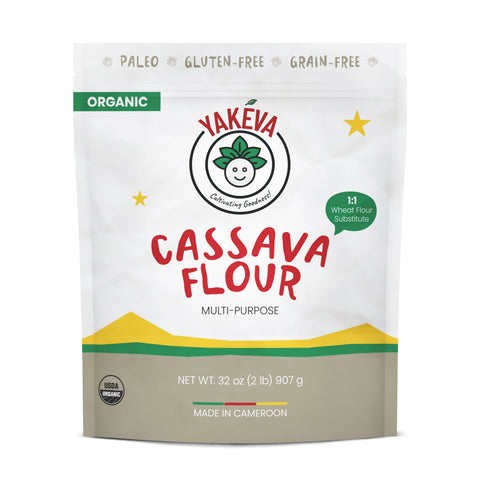 Front of the YAKEVA organic cassava flour bag showing the USDA organic seal and the EU organic leaf, the two certifications held at farm level in Cameroon.