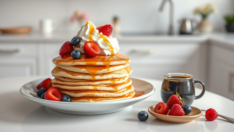 A tall stack of golden pancakes topped with whipped cream, berries, and syrup on a white plate in a bright kitchen